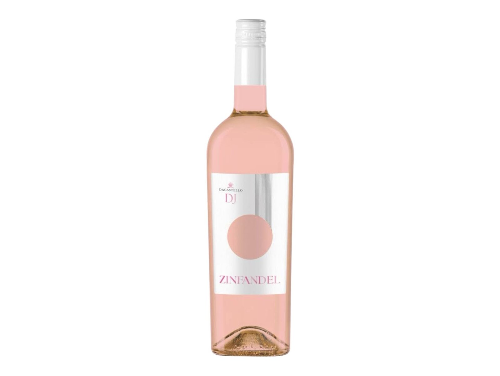 A bottle of Dacastello Zinfandel Rosato wine featuring a pink label with gold accents, set against a clean white background.