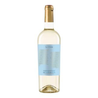 A bottle of Le Clivie Vermentino di Sardegna DOC white wine with an elegant white label and matching foil.