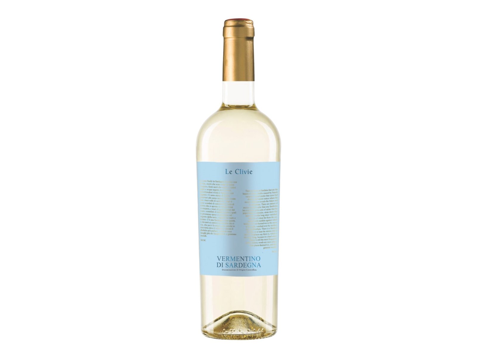 A bottle of Le Clivie Vermentino di Sardegna DOC white wine with an elegant white label and matching foil.