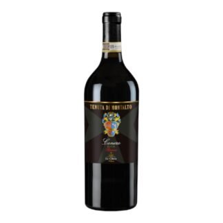 Bottle of Conero D.O.C.G. Riserva Le Clivie, Tenuta di Montalto, featuring a black label with a coat of arms and gold lettering.