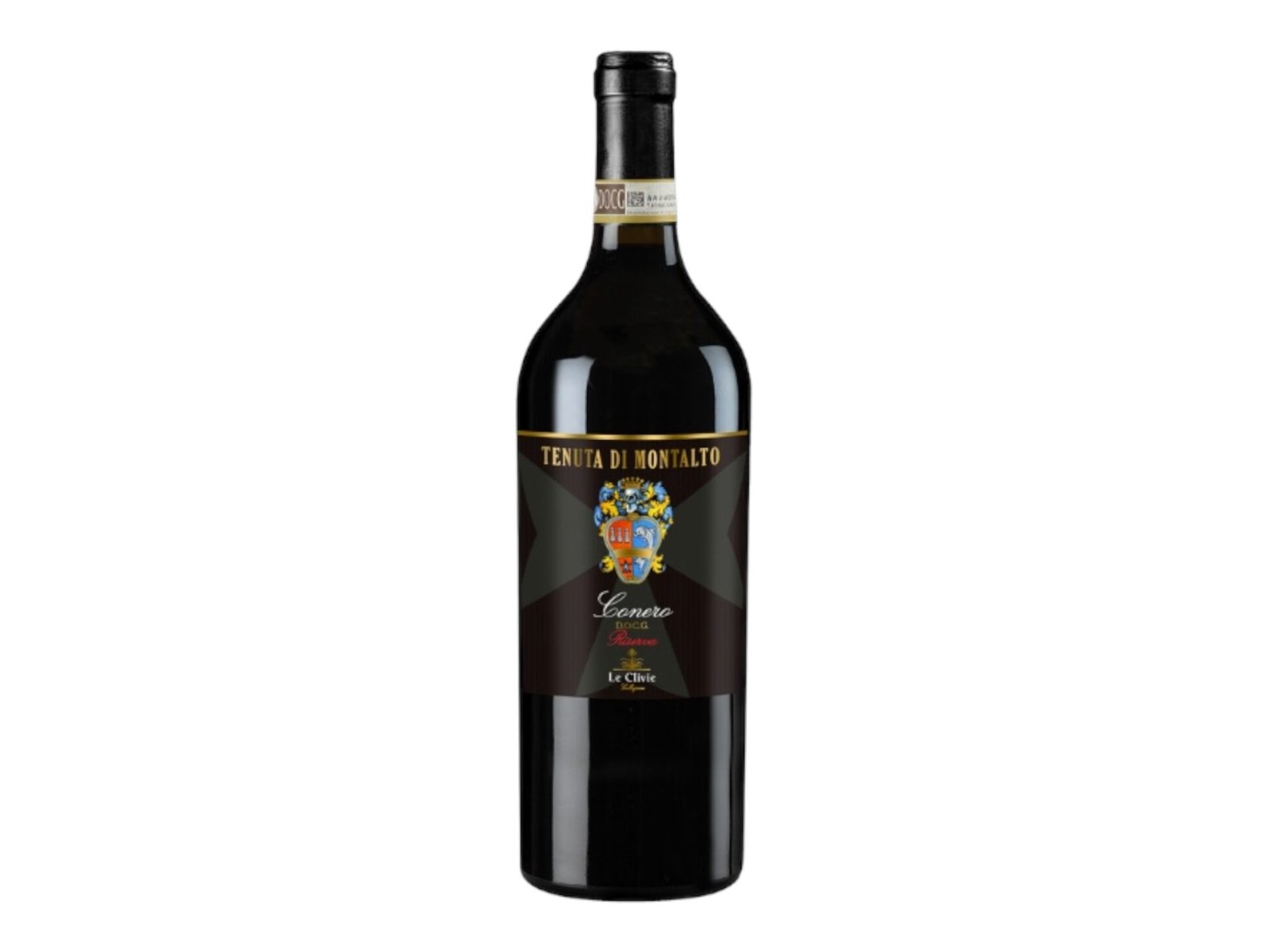 Bottle of Conero D.O.C.G. Riserva Le Clivie, Tenuta di Montalto, featuring a black label with a coat of arms and gold lettering.