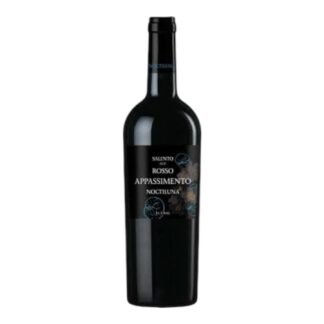 Bottle of Salento I.G.P. Rosso Appassimento Noctiluna, Le Clivie, with a modern black label featuring stylized floral designs in blue and gold.