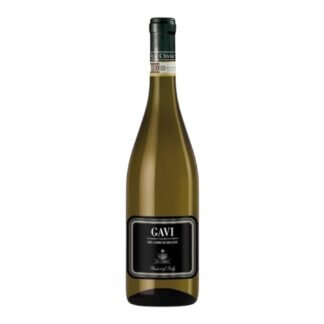 Bottle of Gavi del Comune di Gavi D.O.C.G. Le Clivie, featuring a sophisticated black label with gold borders and a slender green glass bottle.
