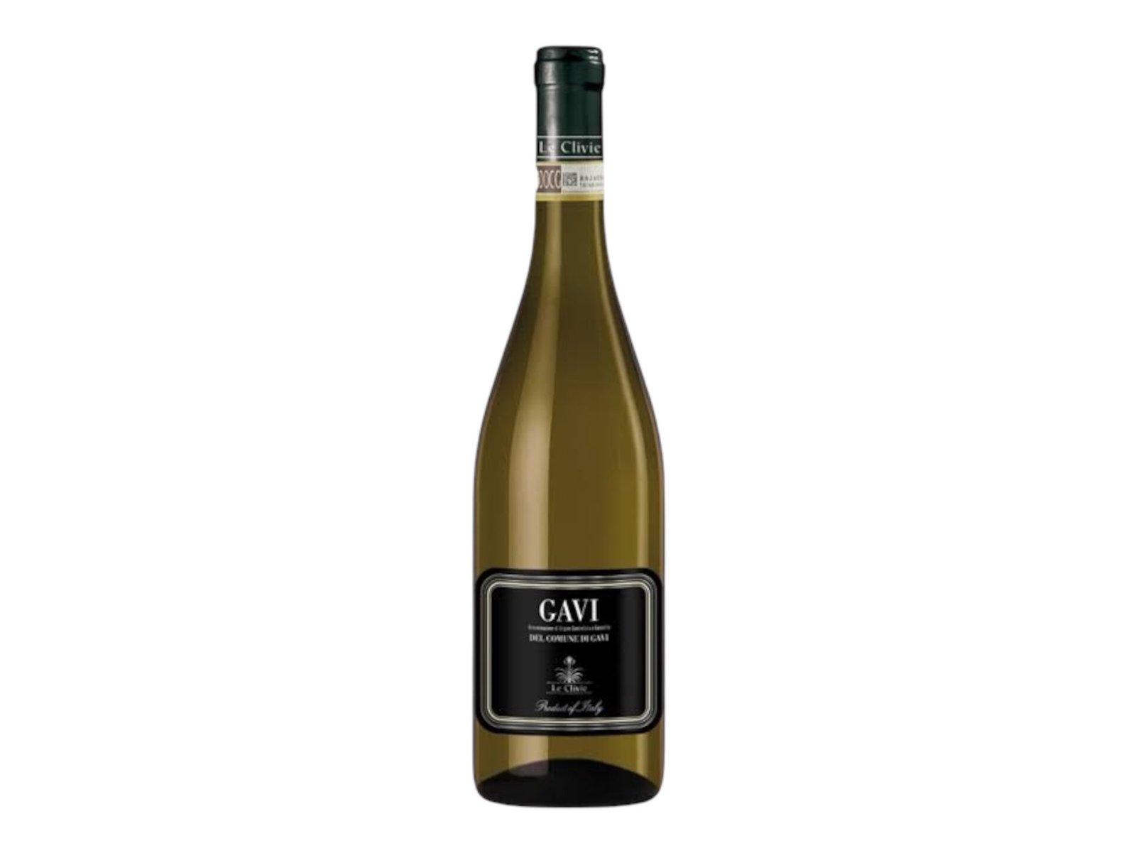 Bottle of Gavi del Comune di Gavi D.O.C.G. Le Clivie, featuring a sophisticated black label with gold borders and a slender green glass bottle.
