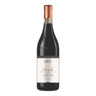 Bottle of Barolo del Comune di Serralunga d’Alba D.O.C.G. Bordà, Le Clivie, with an elegant white and grey label on a traditional Albeisa bottle.