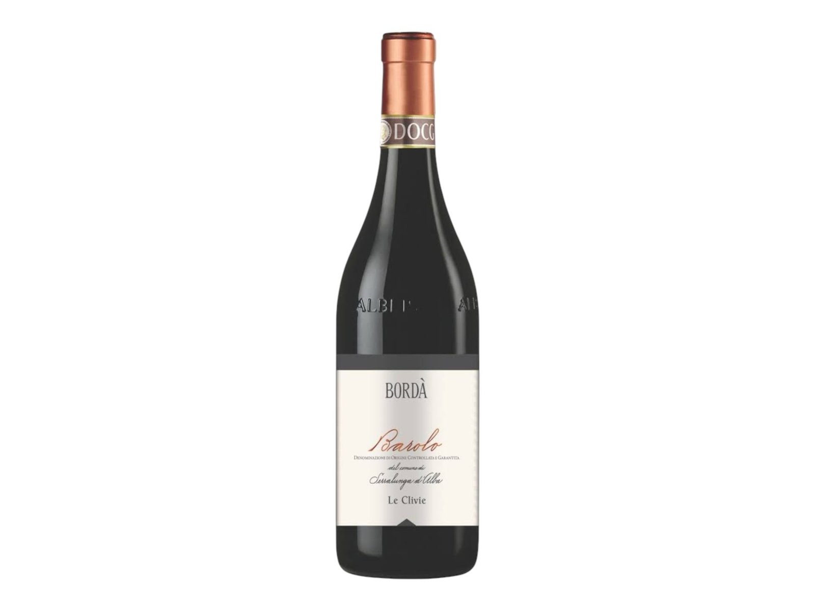 Bottle of Barolo del Comune di Serralunga d’Alba D.O.C.G. Bordà, Le Clivie, with an elegant white and grey label on a traditional Albeisa bottle.