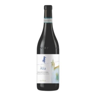 Bottle of Àlia Dolcetto d'Alba D.O.C. Le Clivie, featuring a white label with an artistic illustration of a blue female figure and a bell tower.