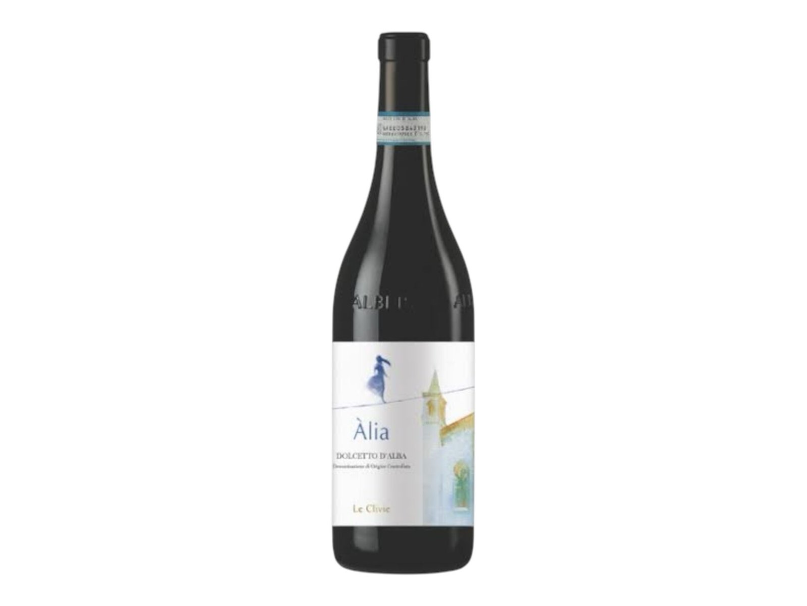 Bottle of Àlia Dolcetto d'Alba D.O.C. Le Clivie, featuring a white label with an artistic illustration of a blue female figure and a bell tower.