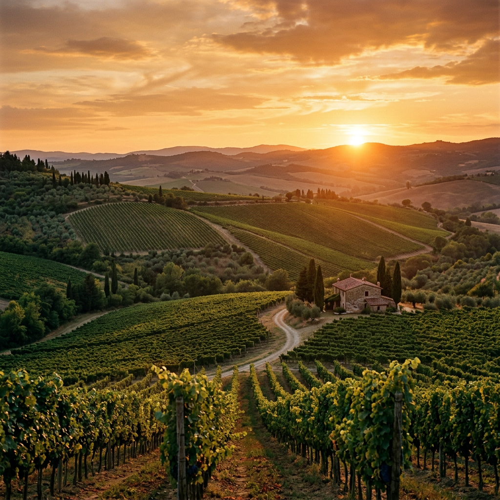Vineyard rows leading to a farmhouse on rolling hills at sunset