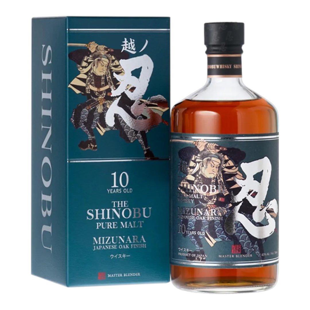 The Shinobu 10 Years Old Pure Malt Japanese Whisky with Mizunara Oak Finish, bottle and blue gift box