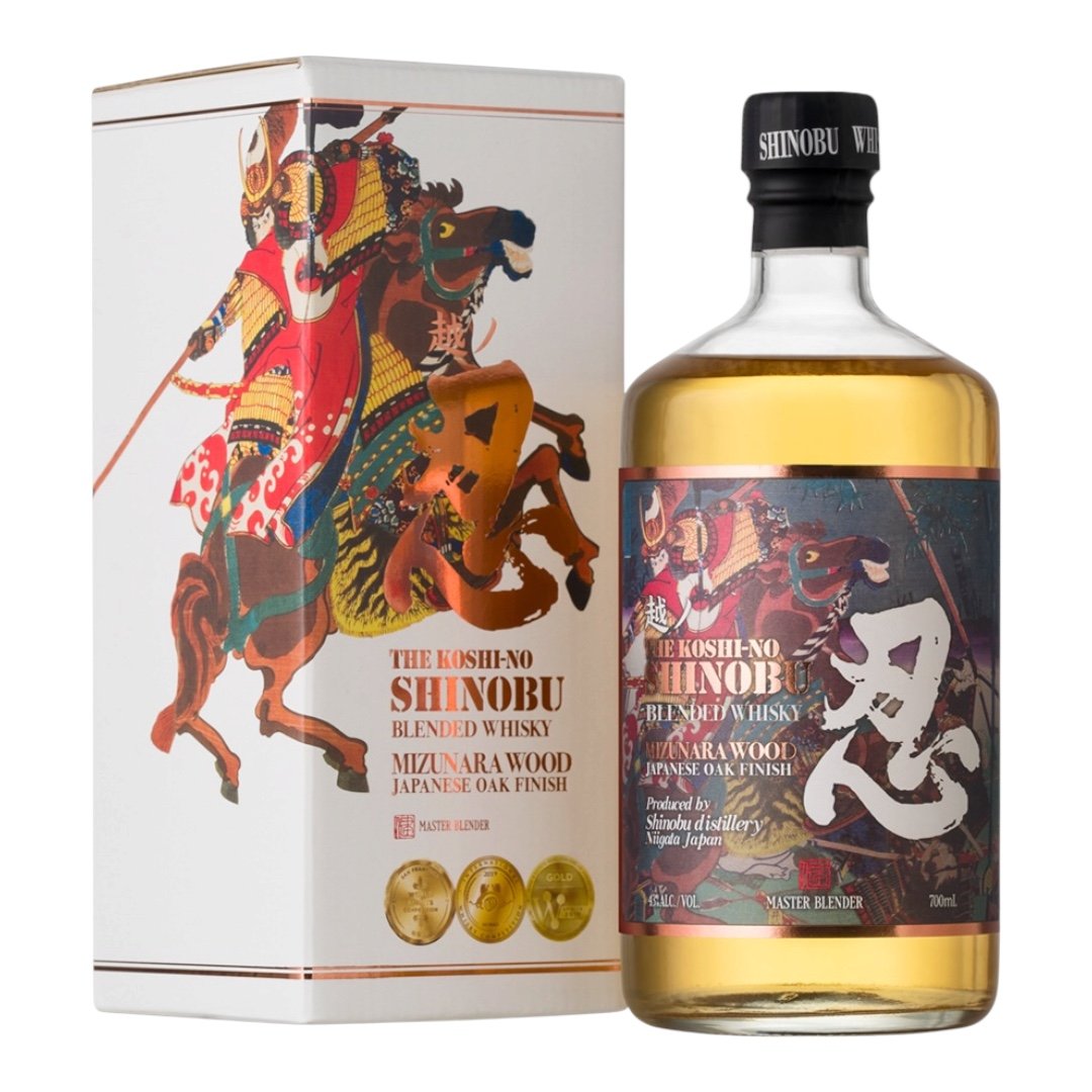 The Koshi-no Shinobu Blended Whisky, Mizunara Japanese Oak Finish, bottle and gift box