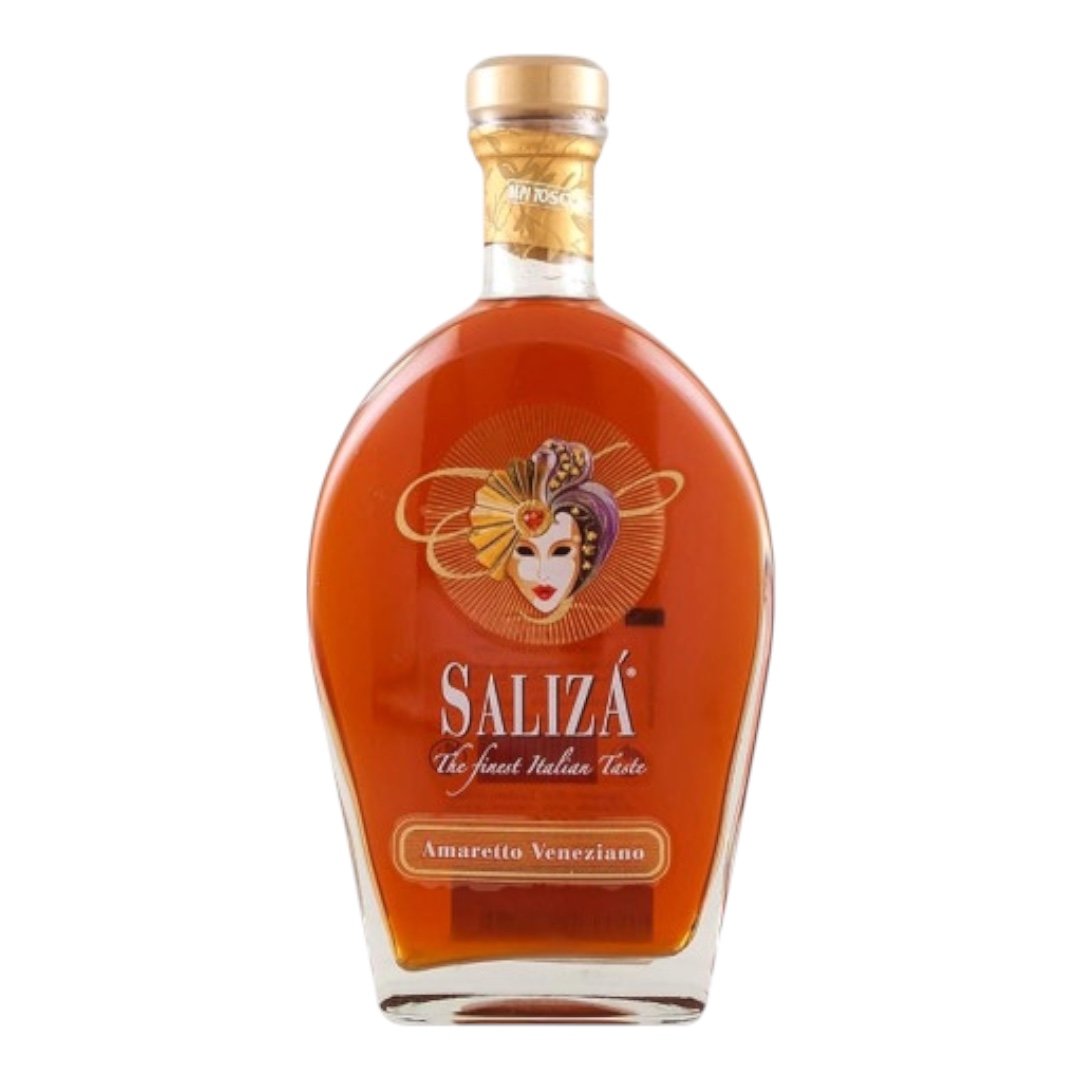 Salizà Amaretto Veneziano Italian liqueur bottle with decorative Venetian mask design