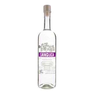 Clear glass bottle of Italian Sambuca liqueur with wooden cap, featuring anise flower and classical design details