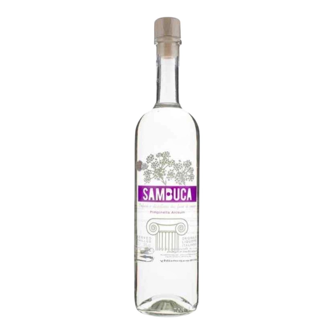 Clear glass bottle of Italian Sambuca liqueur with wooden cap, featuring anise flower and classical design details