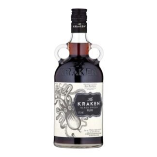The Kraken Black Spiced Rum 700ml bottle featuring octopus artwork, dark Caribbean spiced rum
