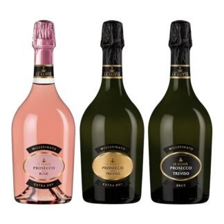 Le Clivié Prosecco Trio – Prosecco Rosé Extra Dry, Prosecco Treviso Extra Dry, Prosecco Treviso Brut, 3 bottles set, Italian sparkling wine, white background