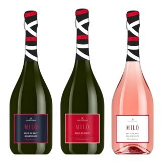 Milò Sparkling Wine Trio – Brut de Brut Chardonnay, Extra Dry Blanc de Blancs, Grand Rosé Millesimato, 3 bottles set, Italian sparkling wines, white background
