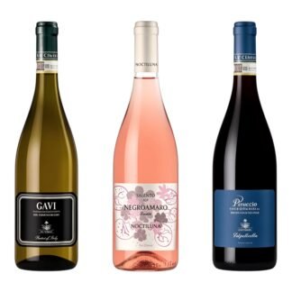 Le Clivie Italian Wine Trio – Gavi DOCG white, Negroamaro Rosato Salento IGT, Valpolicella DOC red wine, 3 bottles collection, white background
