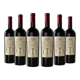Six bottles of Eredità Antica Chianti Classico DOCG red wine, classic Tuscan label design, white background