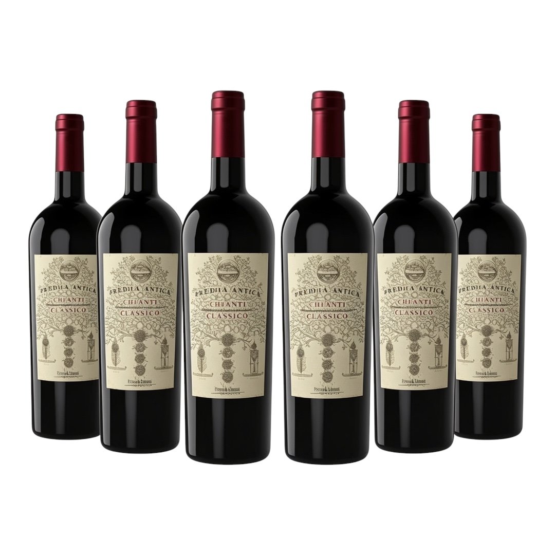 Six bottles of Eredità Antica Chianti Classico DOCG red wine, classic Tuscan label design, white background