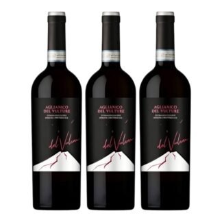 Three bottles of Aglianico del Vulture del Vulcano red wine, DOC quality, volcanic origin, black label with volcano illustration, white background