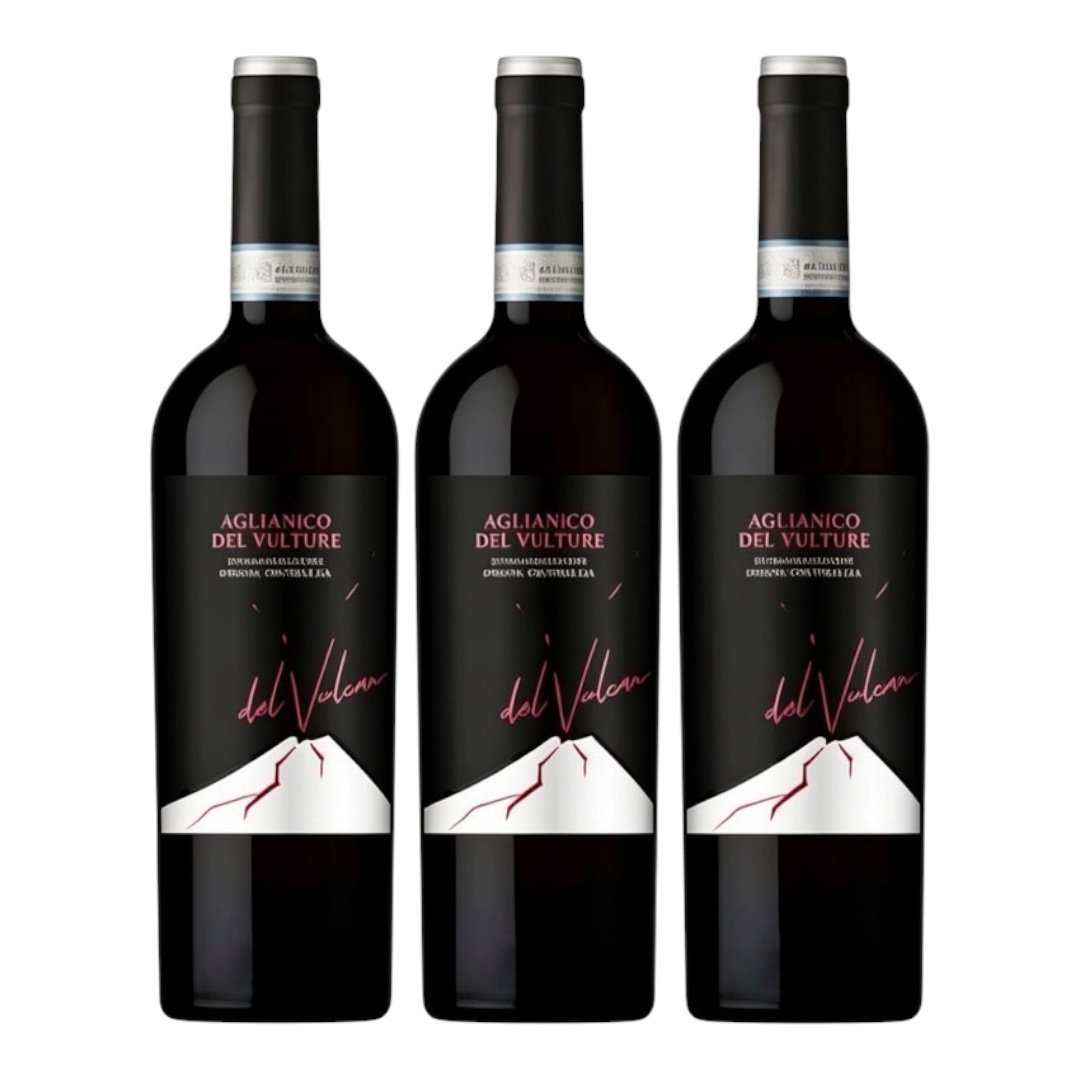 Three bottles of Aglianico del Vulture del Vulcano red wine, DOC quality, volcanic origin, black label with volcano illustration, white background