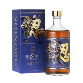 The Shinobu 15 Years Old Pure Malt Japanese Whisky with Mizunara Oak Finish, blue bottle and gift box